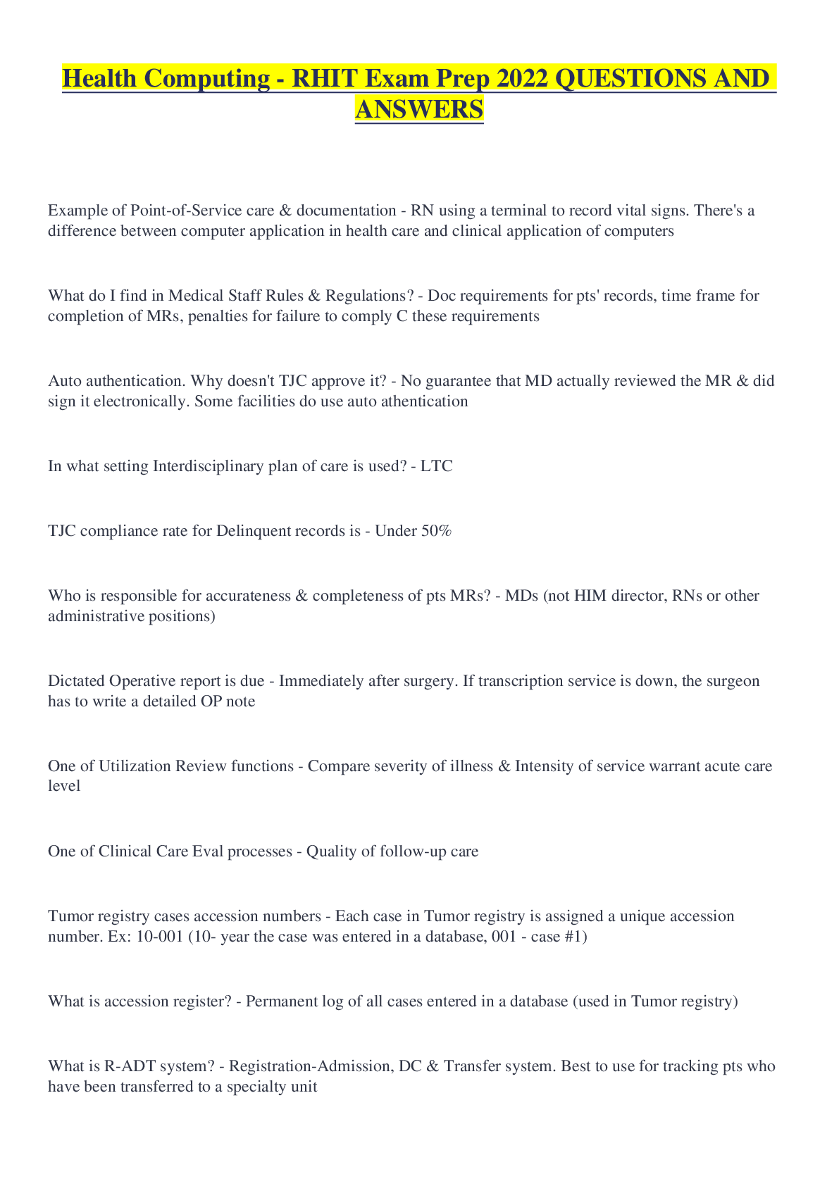 Preview of Health Computing - RHIT Exam Prep 2022 QUESTIONS AND ANSWERS